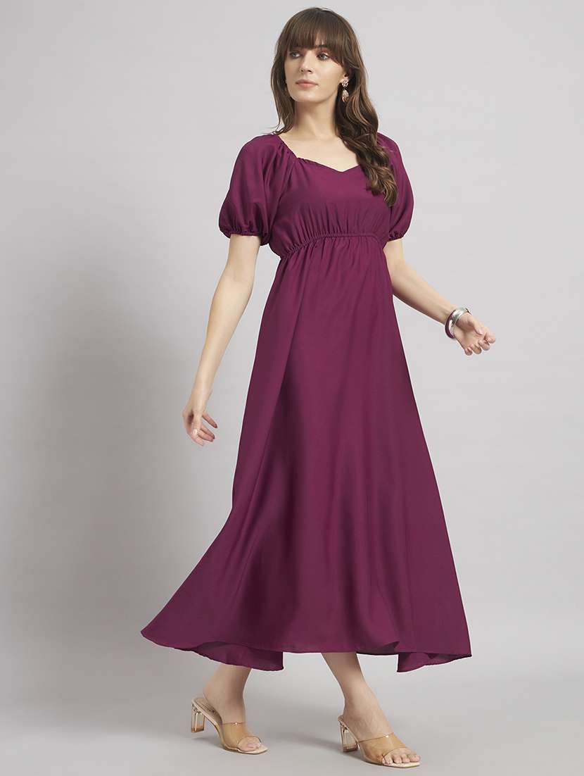 women solid puff sleeve a-line dress - 22308780 -  Standard Image - 1