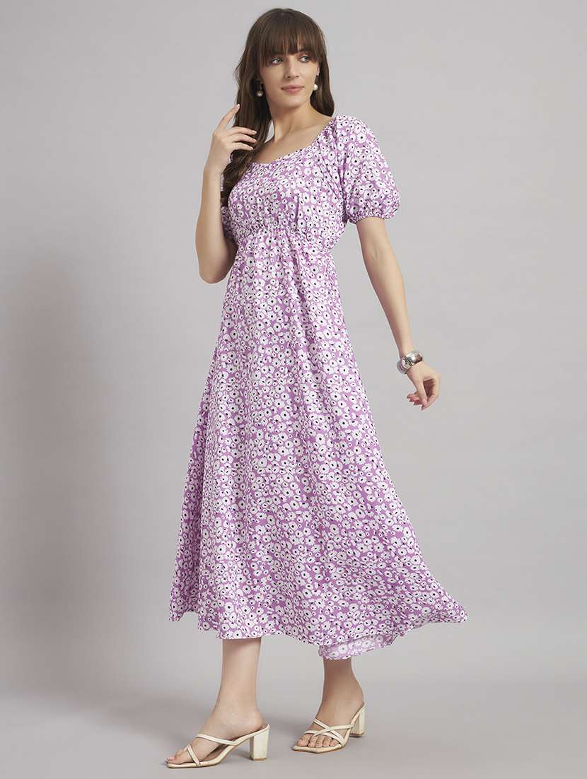 women floral print puff sleeve a-line dress