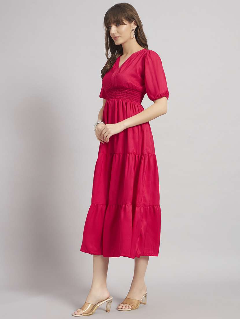 women solid puff sleeve tiered dress - 22308980 -  Standard Image - 1