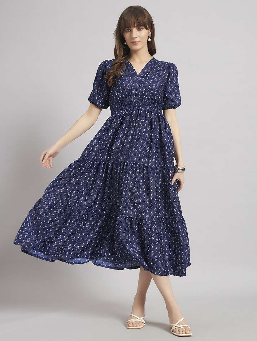women printed puff sleeve tiered dress