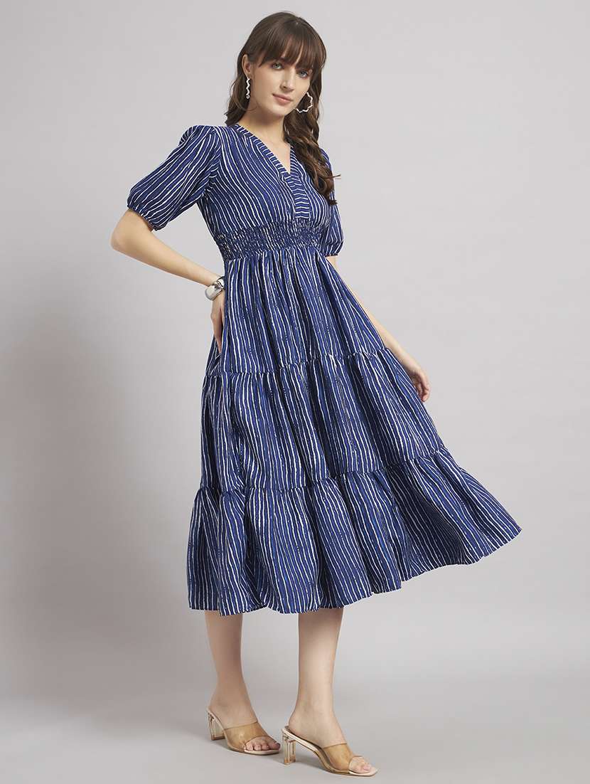 women striped puff sleeve tiered dress - 22309151 -  Standard Image - 1