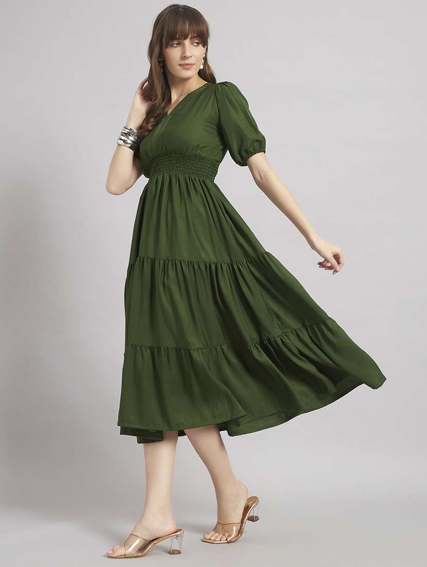 women solid puff sleeve tiered dress - 22309183 -  Standard Image - 1