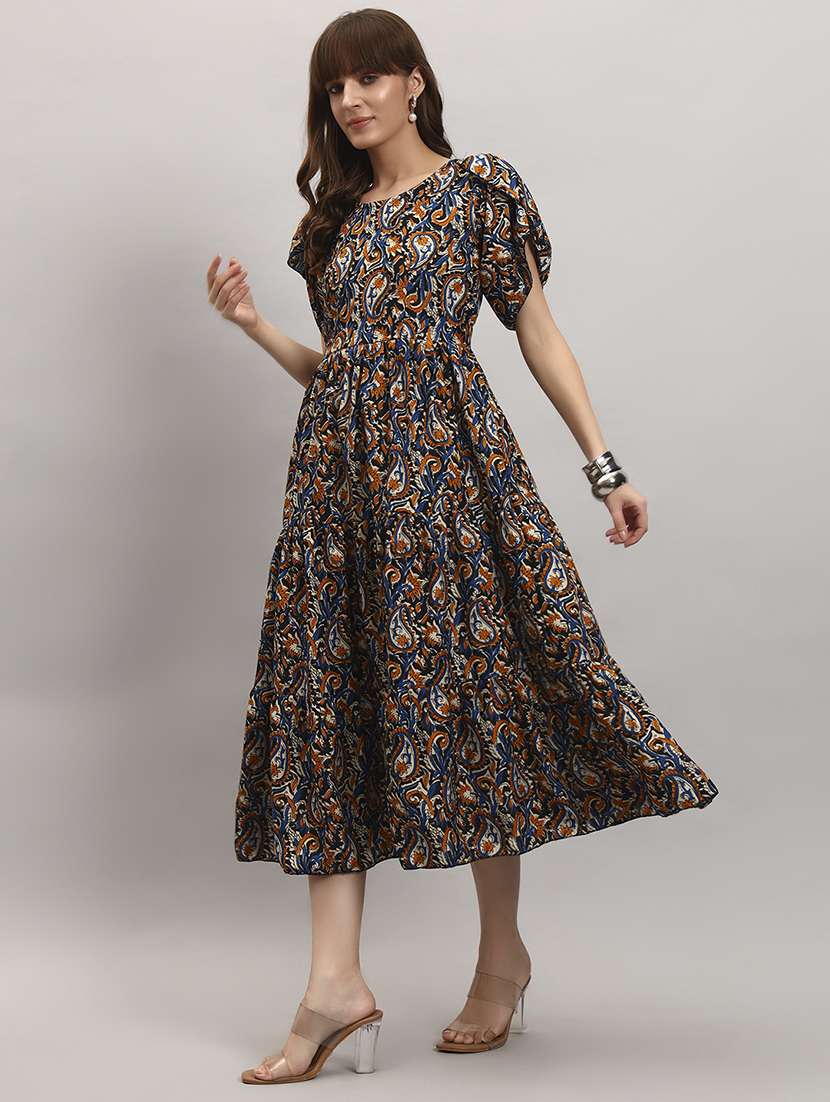 printed polyester tiered gown with puff sleeves - 22309197 -  Standard Image - 1