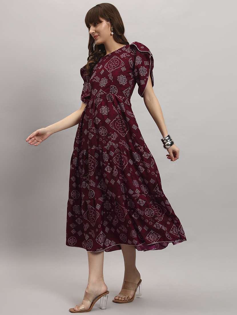 women bandhani print tulip sleeve tiered dress - 22309397 -  Standard Image - 1