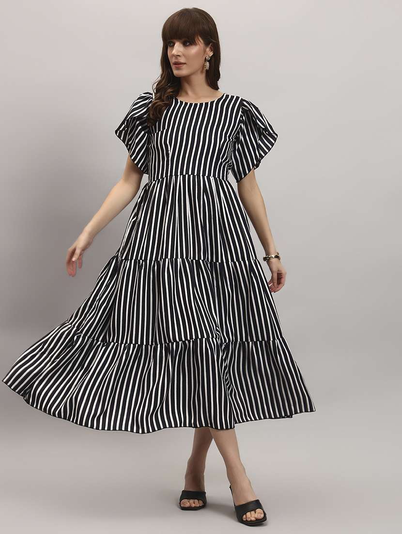 women striped tulip sleeve tiered dress