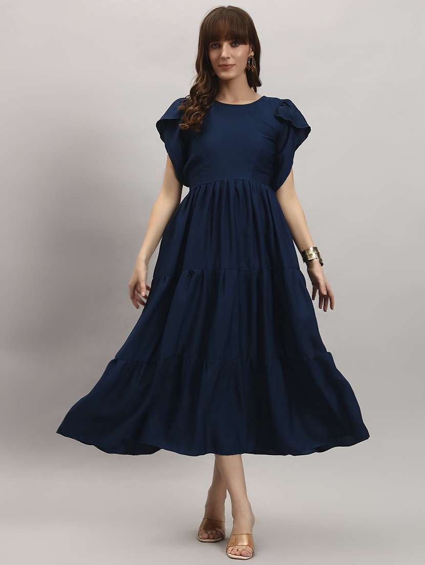 women solid tulip sleeve tiered dress