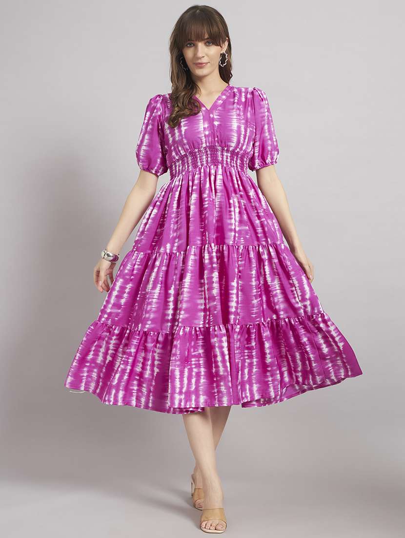 women printed puff sleeve tiered dress