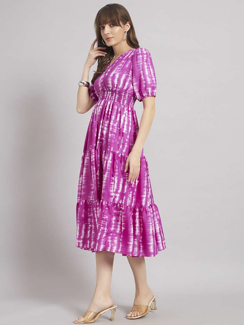 women printed puff sleeve tiered dress - 22309598 -  Standard Image - 1