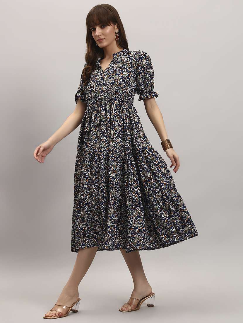 women printed puff sleeves tiered dress