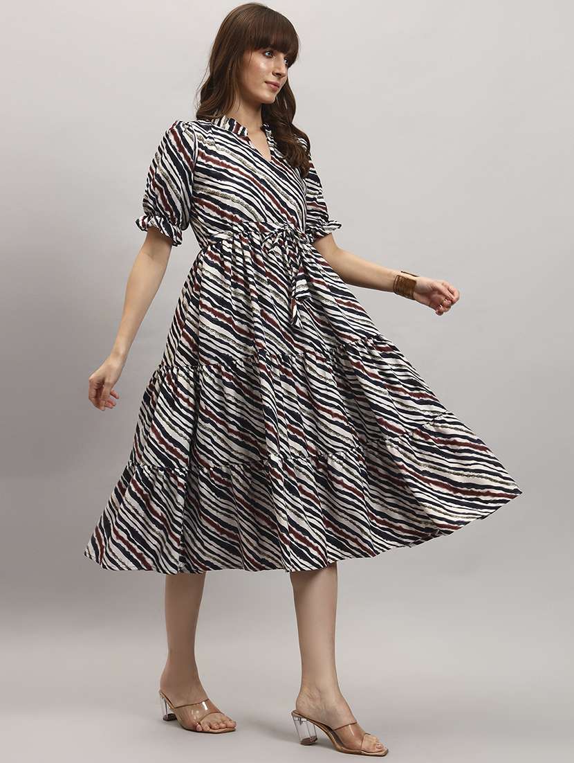 women printed puff sleeve tiered dress