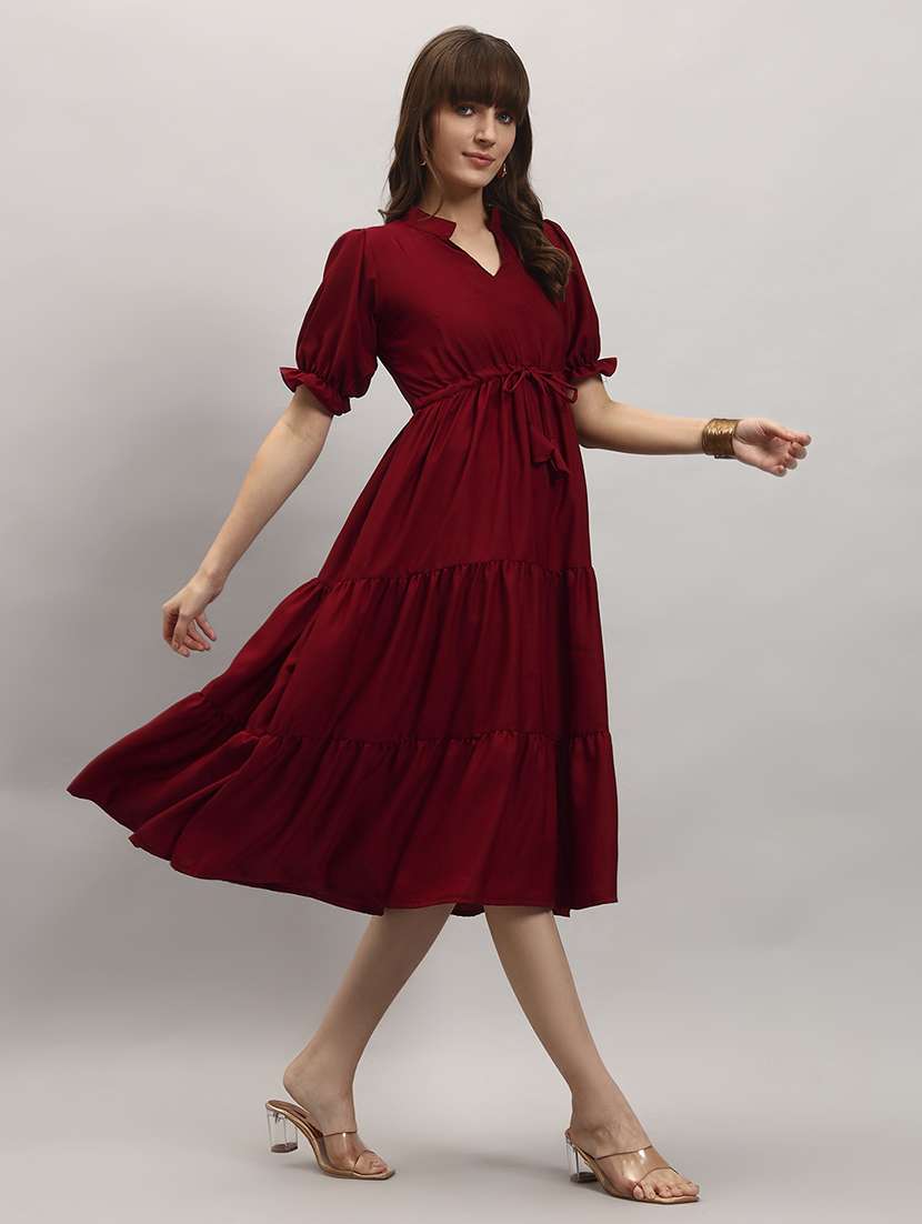 women solid puff sleeve tiered dress - 22309726 -  Standard Image - 1