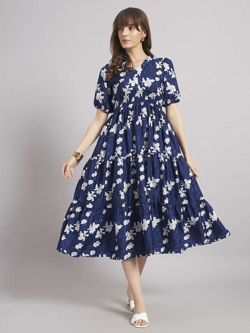 women floral puff sleeve tiered dress