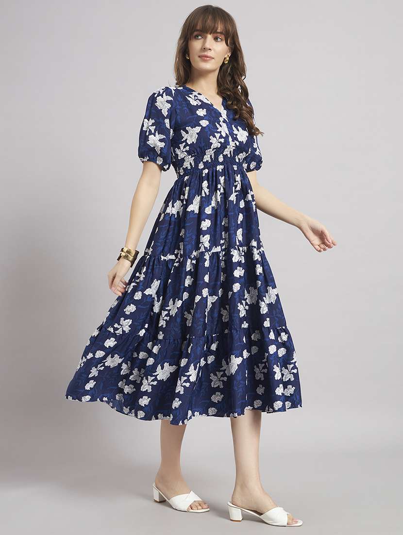 women floral print puff sleeve tiered dress