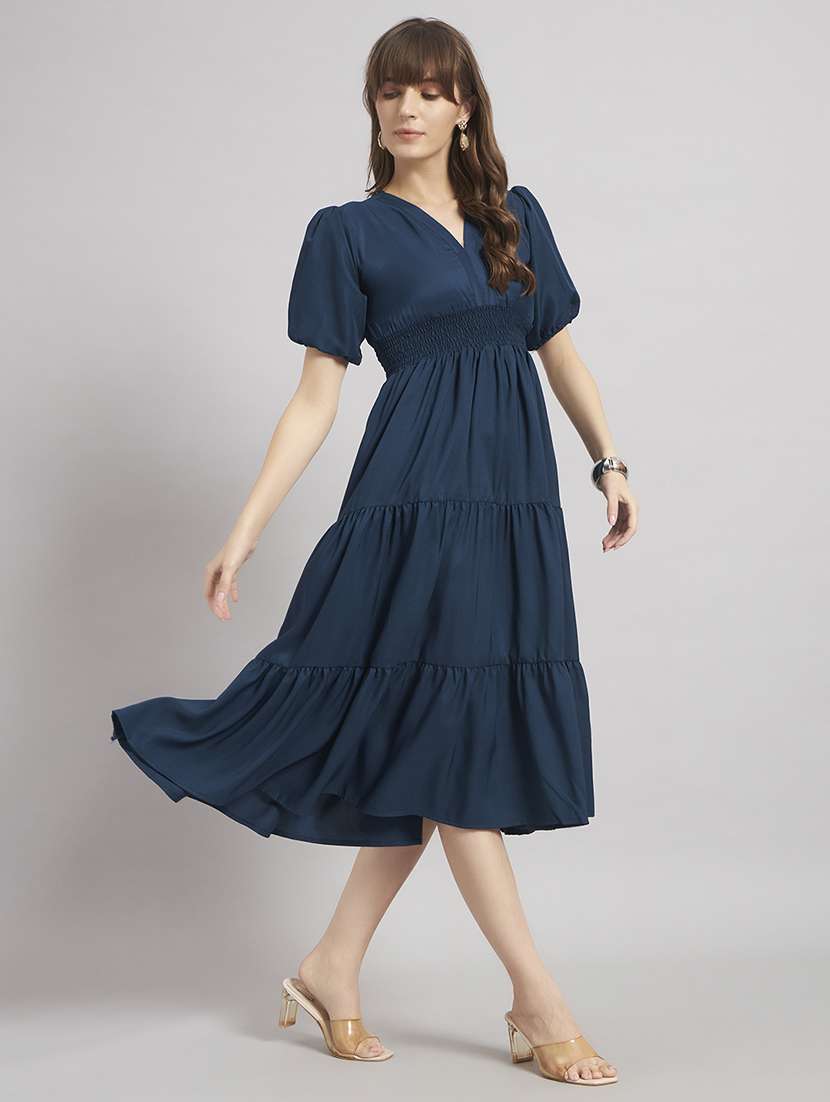 women solid puff sleeve tiered dress - 22309766 -  Standard Image - 1
