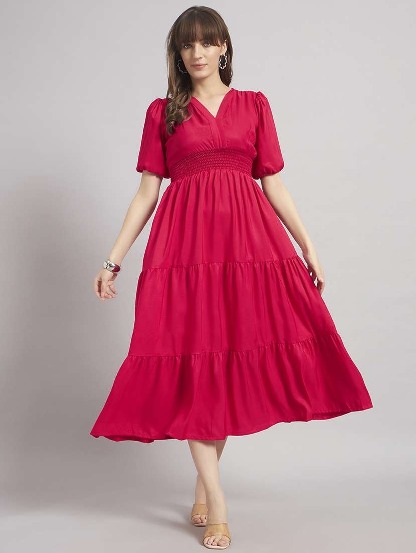 women solid puff sleeve tiered dress
