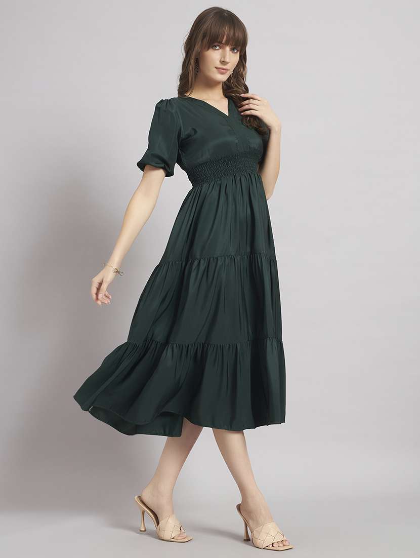 women solid puff sleeve tiered dress - 22309771 -  Standard Image - 1