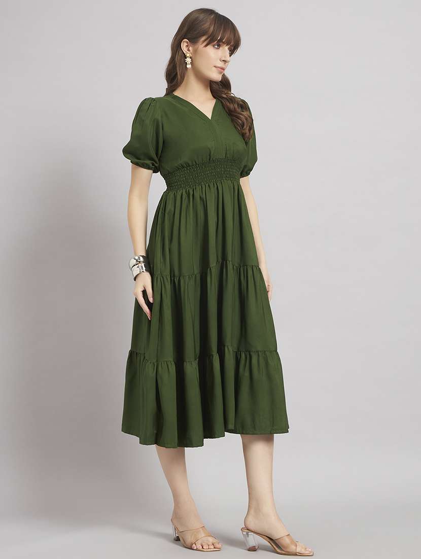 women solid puff sleeve tiered dress - 22309773 -  Standard Image - 1