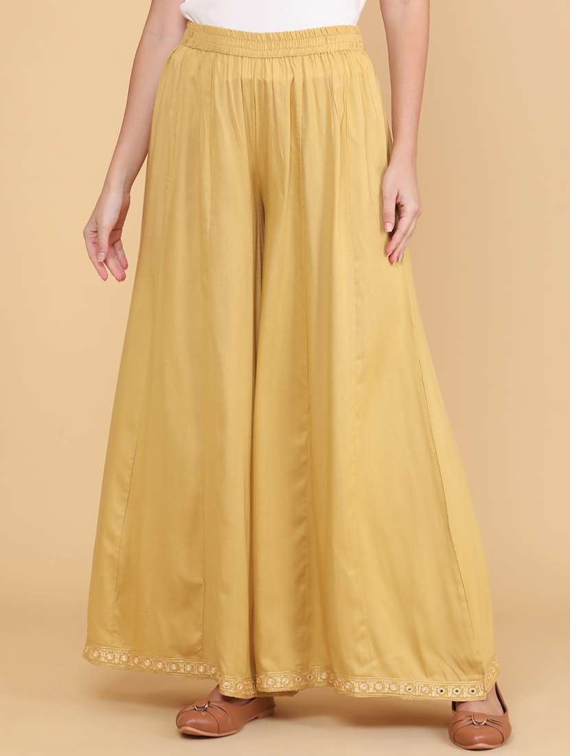 women embroidered mid rise flared palazzo