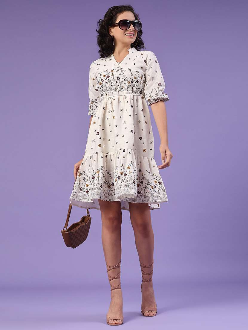 women printed puff sleeve tiered dress
