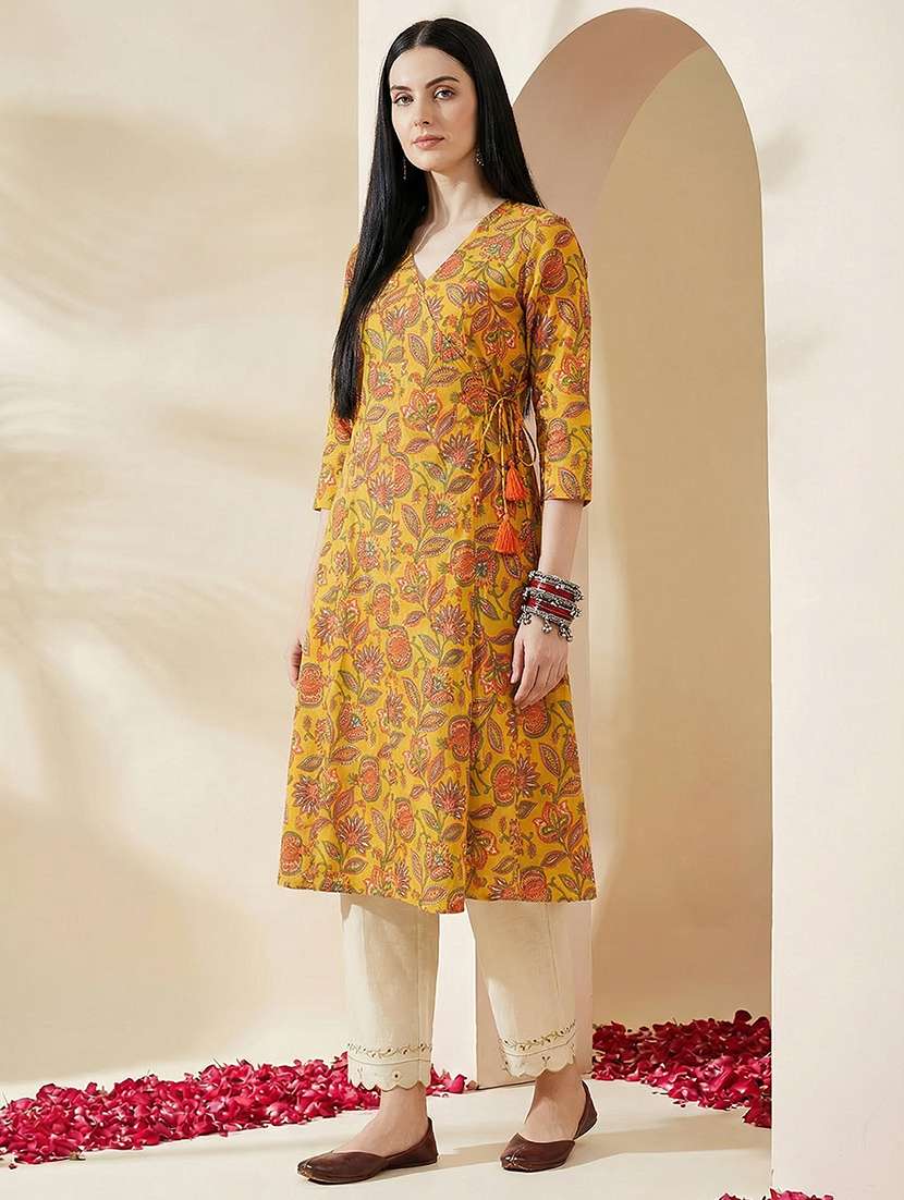 women floral three quarter sleeve angrakha kurta - 22310497 -  Standard Image - 1
