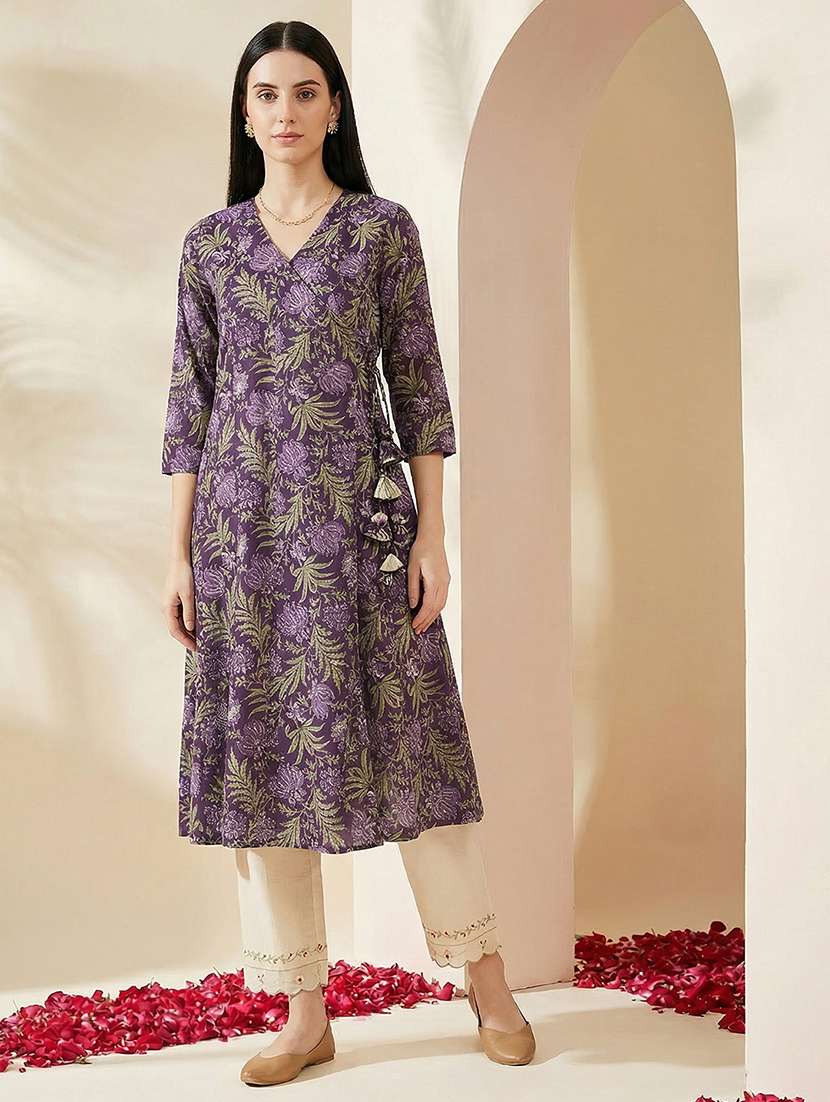 women floral three quarter sleeve angrakha kurta