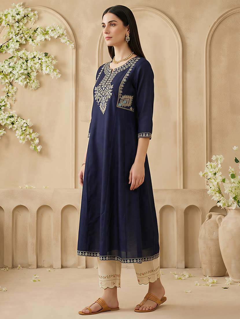 women solid with work three quarter sleeve a-line kurta - 22310499 -  Standard Image - 1