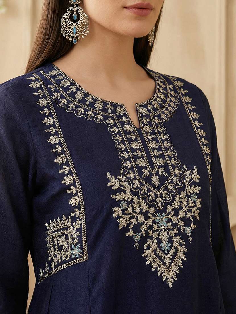 women solid with work three quarter sleeve a-line kurta - 22310499 -  Standard Image - 4