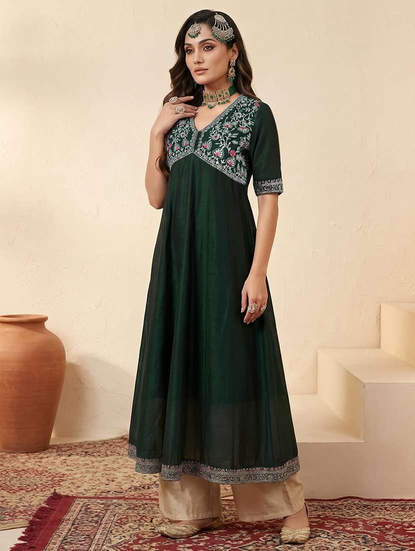 women solid with work short sleeve a-line kurta - 22310500 -  Standard Image - 1