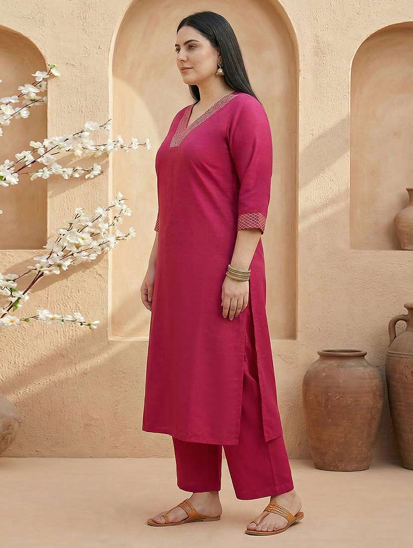 women solid three quarter sleeve kurta palazzo set - 22310504 -  Standard Image - 1
