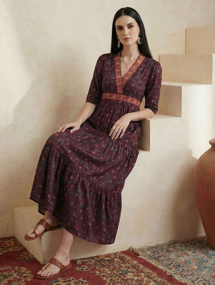 women floral three quarter sleeve ethnic dress