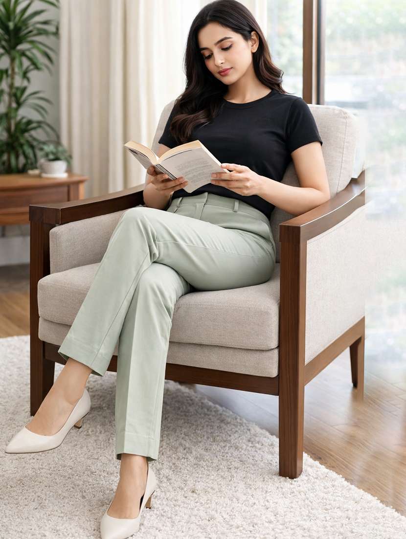 women solid high rise straight trouser - 22310546 -  Standard Image - 4