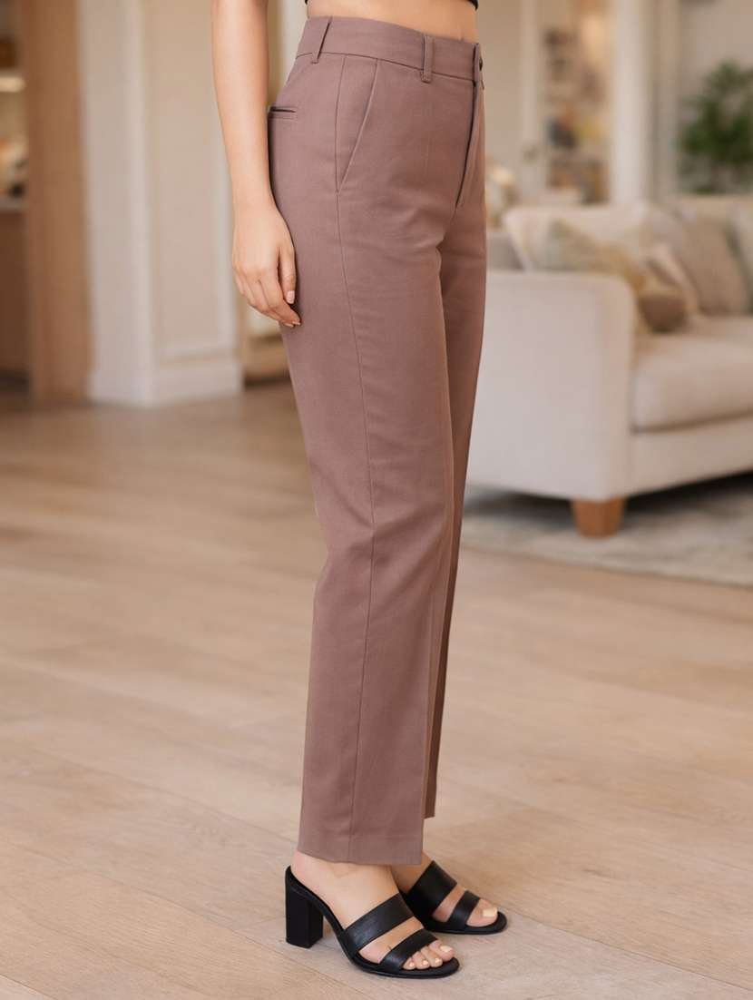 women solid high rise straight trouser - 22310549 -  Standard Image - 1