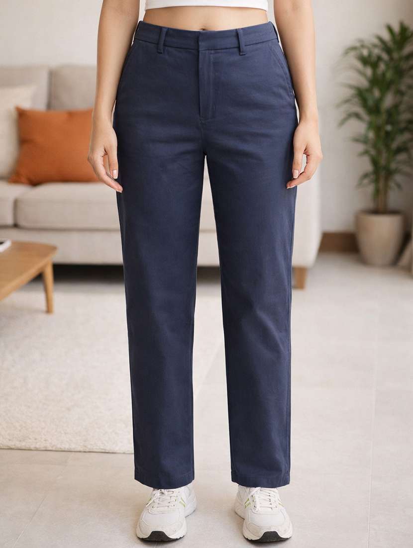 women solid high rise straight trouser