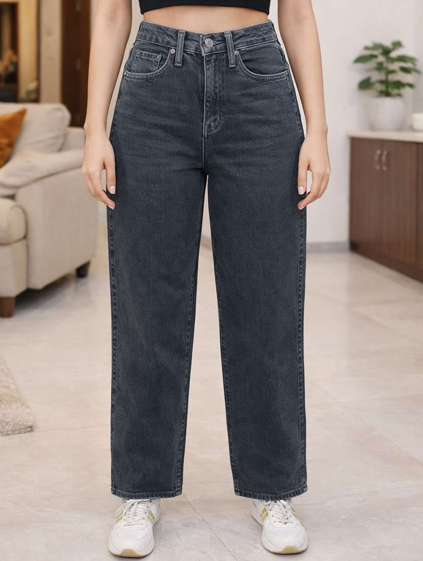 grey cotton high rise straight trousers