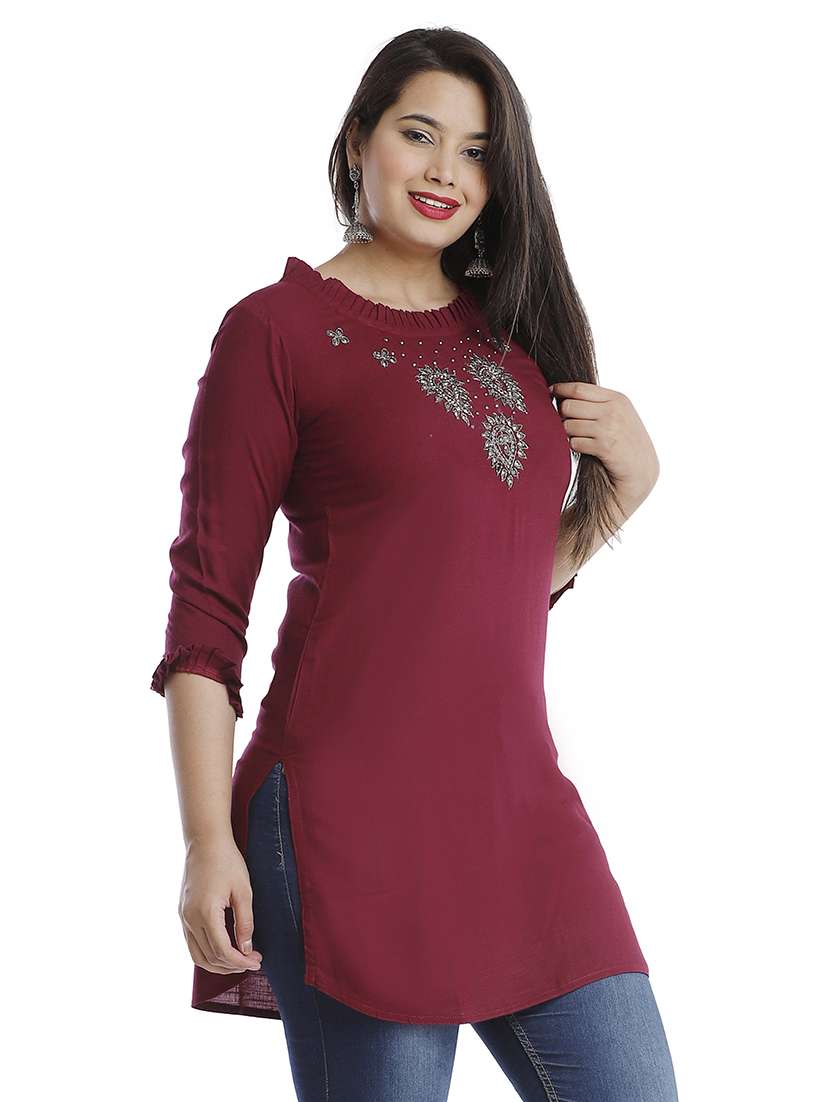 women solid with work three quarter sleeve straight kurti - 22310850 -  Standard Image - 1