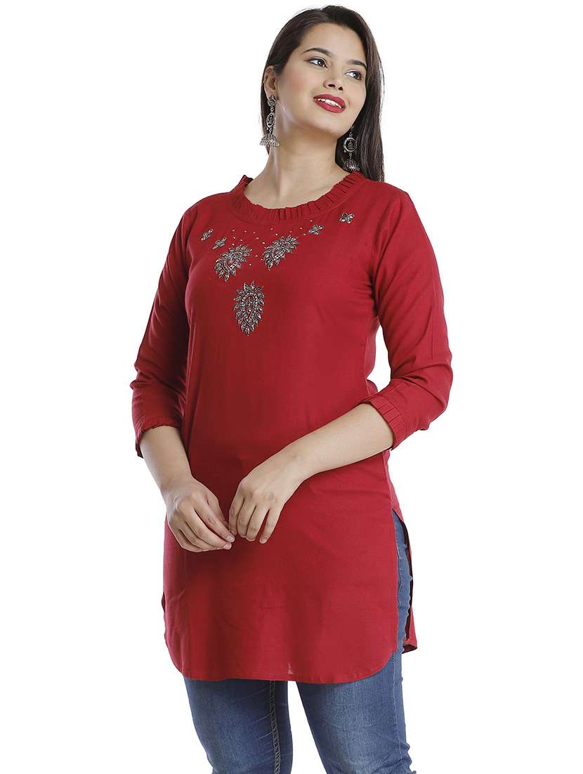 women solid with work three quarter sleeve straight kurti - 22310851 -  Standard Image - 1