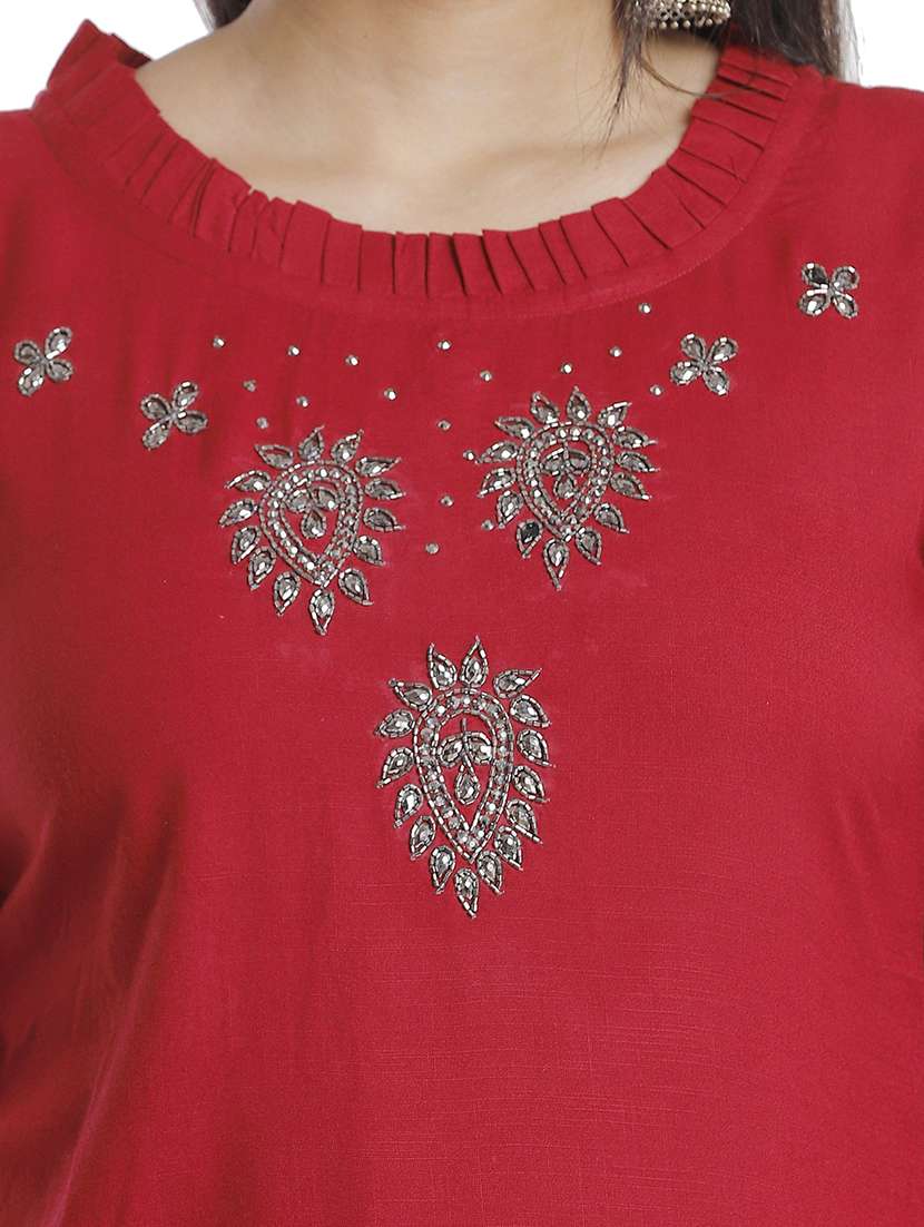 women solid with work three quarter sleeve straight kurti - 22310851 -  Standard Image - 4