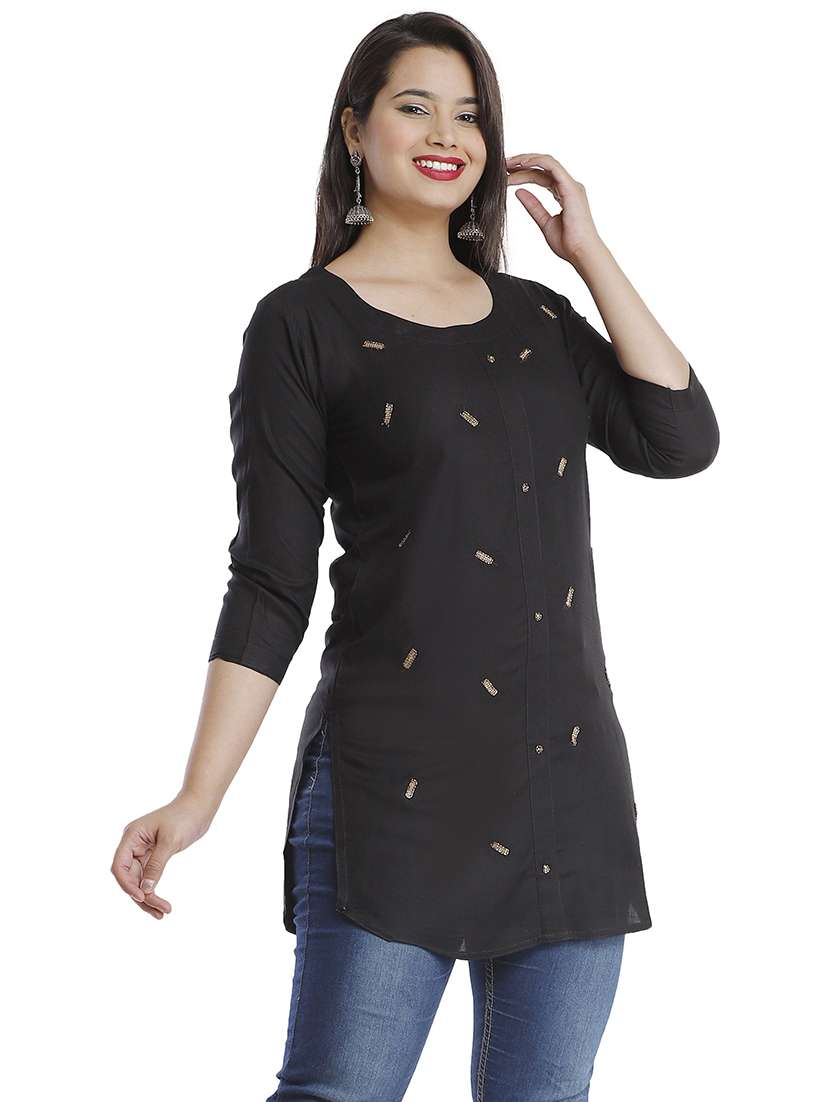 women solid with work three quarter sleeve straight kurti