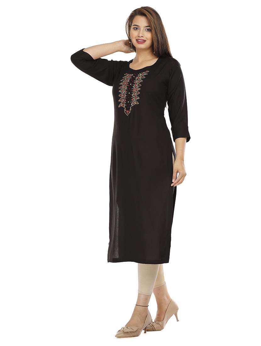 women solid with work three quarter sleeve straight kurta - 22310871 -  Standard Image - 1