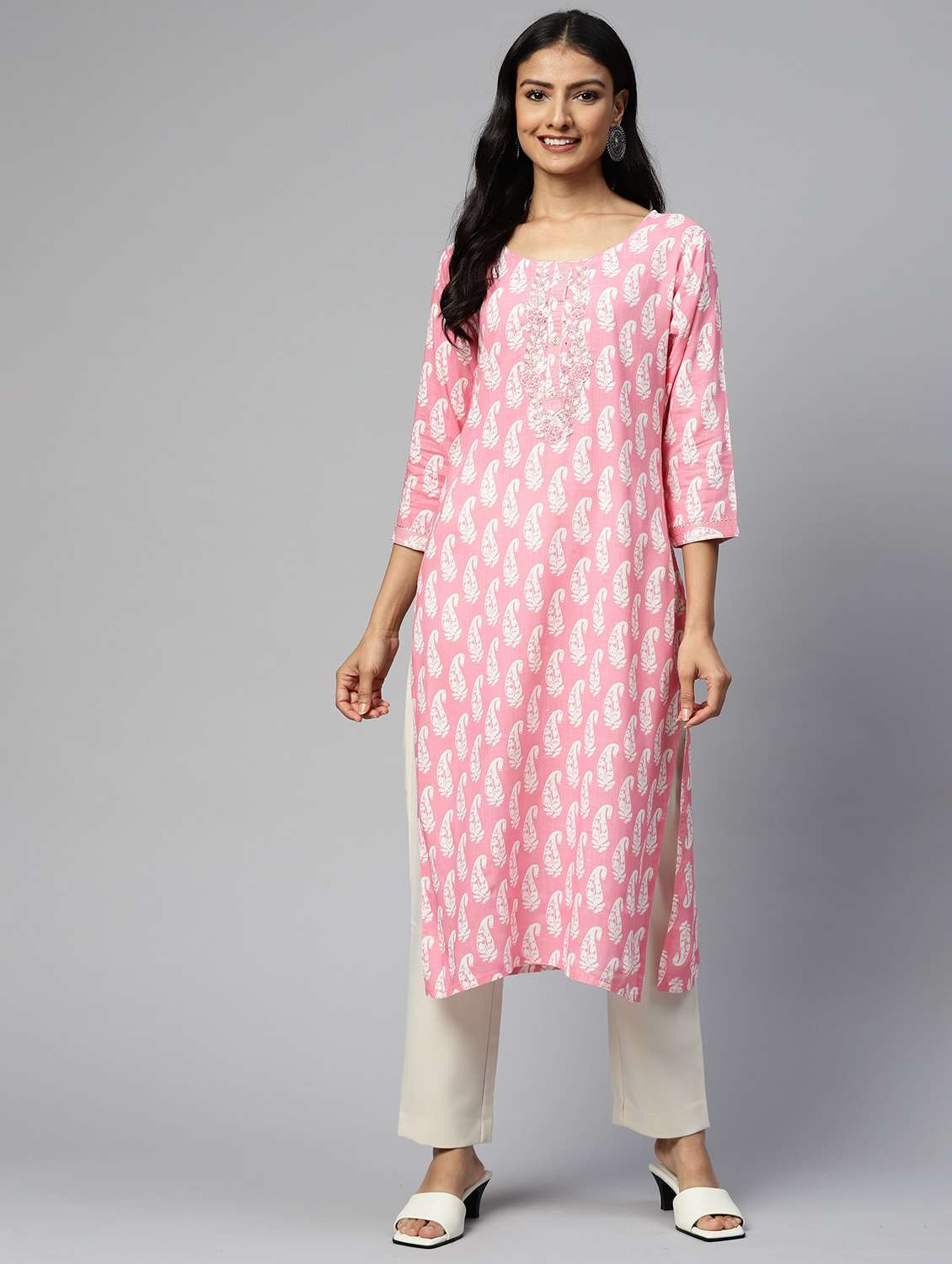 women paisley three quarter sleeve straight kurta - 22310875 -  Standard Image - 1
