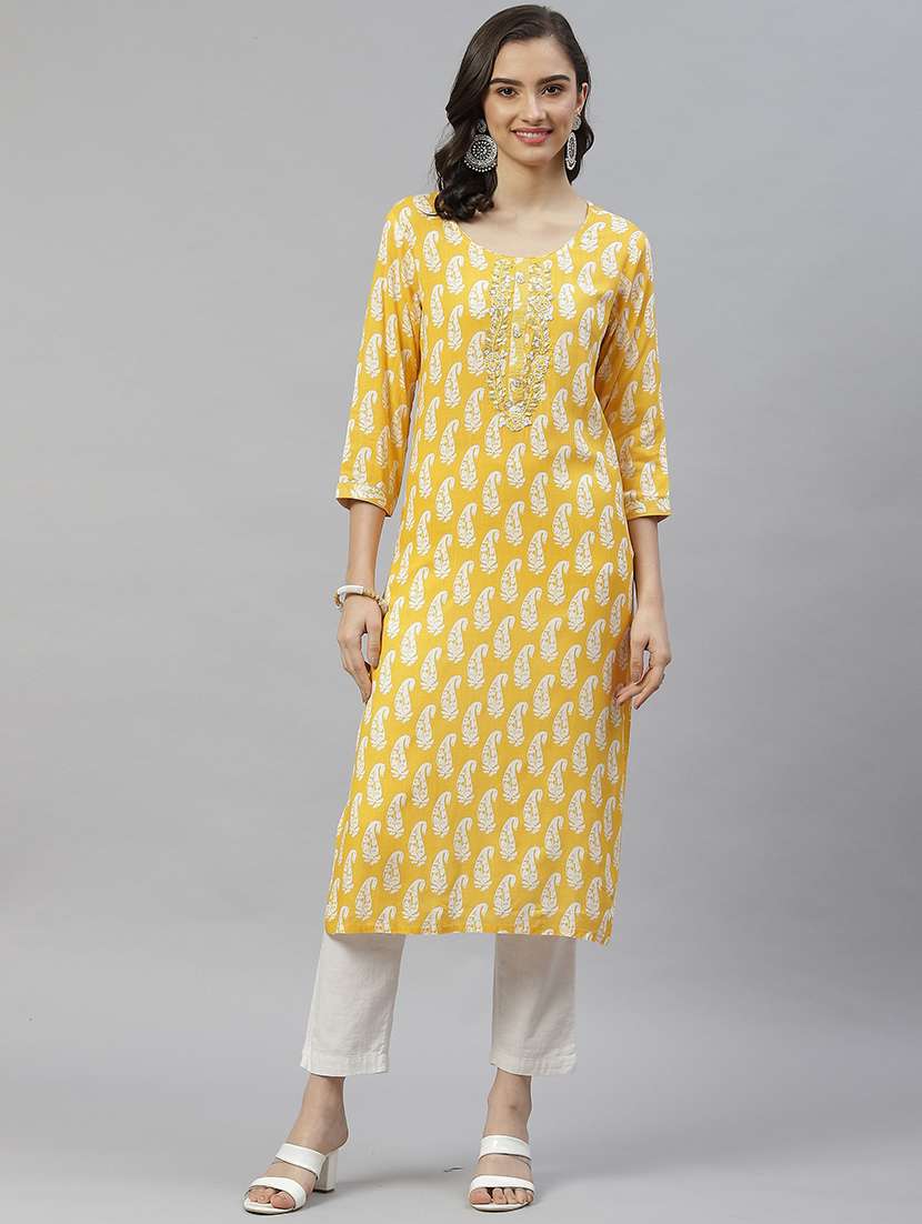women paisley three quarter sleeve straight kurta - 22310876 -  Standard Image - 1