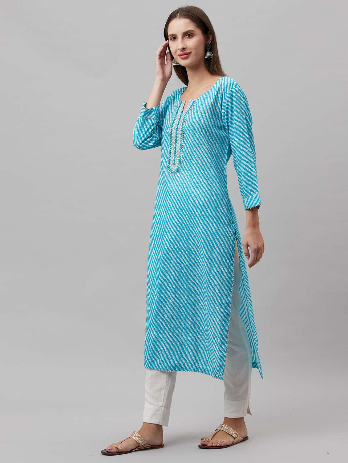 women leheriya three quarter sleeve straight kurta - 22310878 -  Standard Image - 1