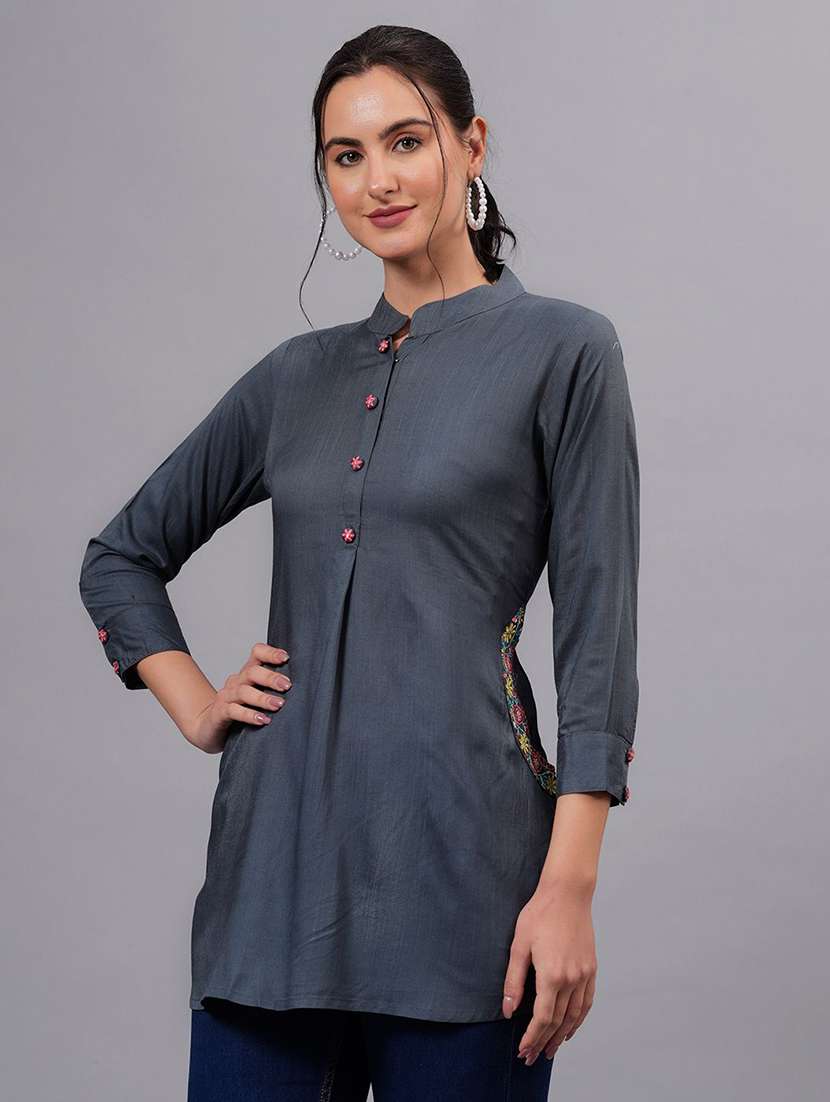 women solid three quarter sleeve a-line kurti - 22310889 -  Standard Image - 1