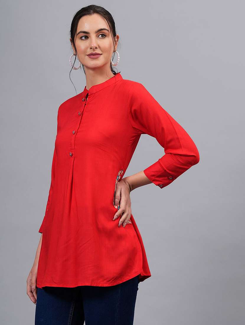 women solid three quarter sleeve a-line kurti - 22310890 -  Standard Image - 1