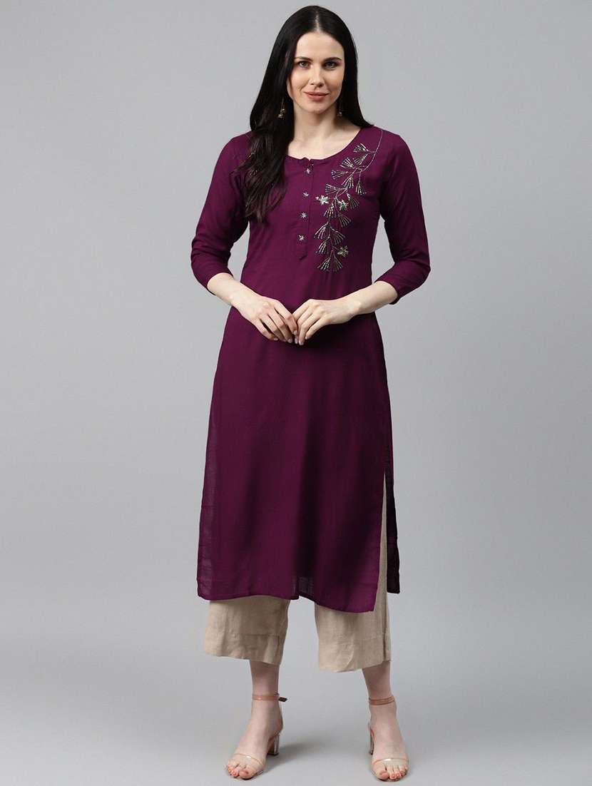 women solid with work three quarter sleeve straight kurta - 22310901 -  Standard Image - 1