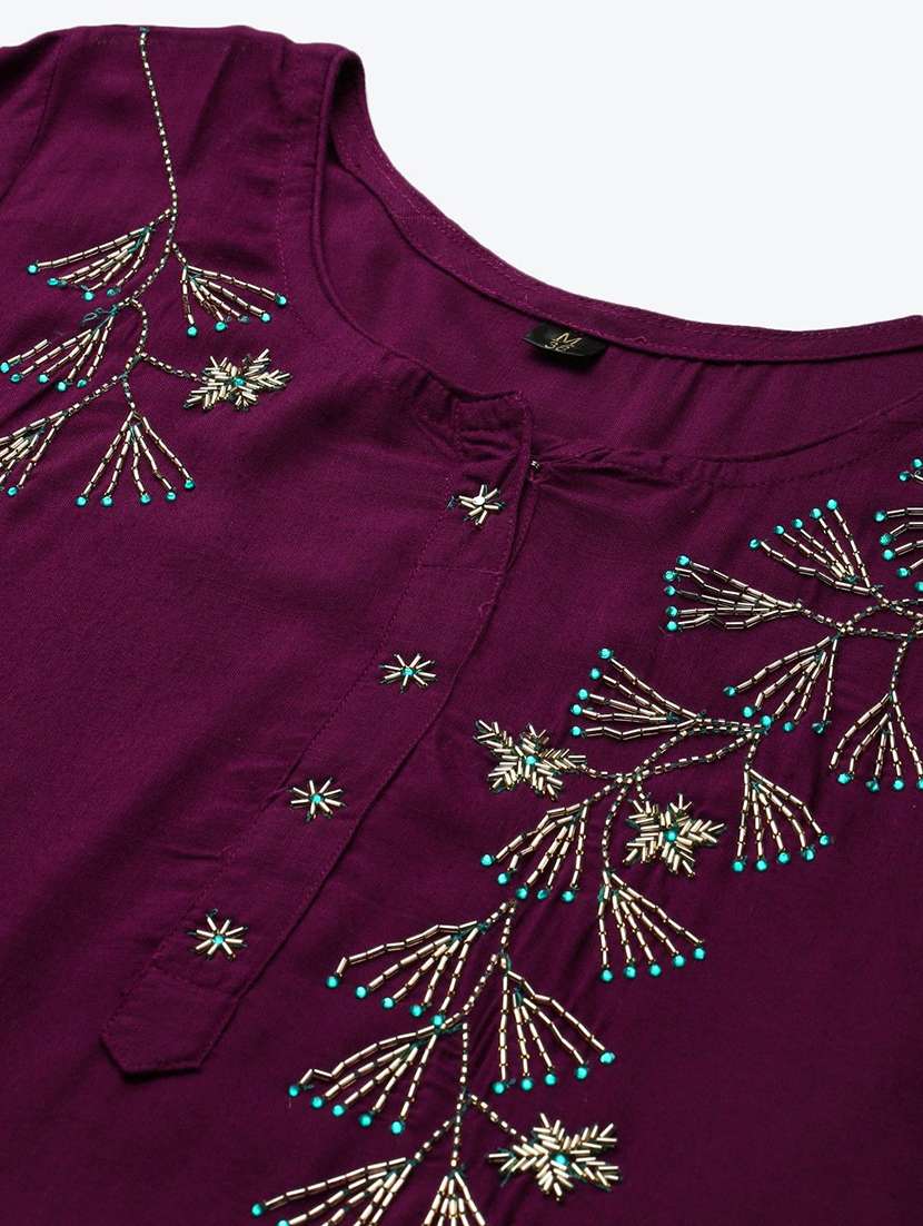 women solid with work three quarter sleeve straight kurta - 22310901 -  Standard Image - 4