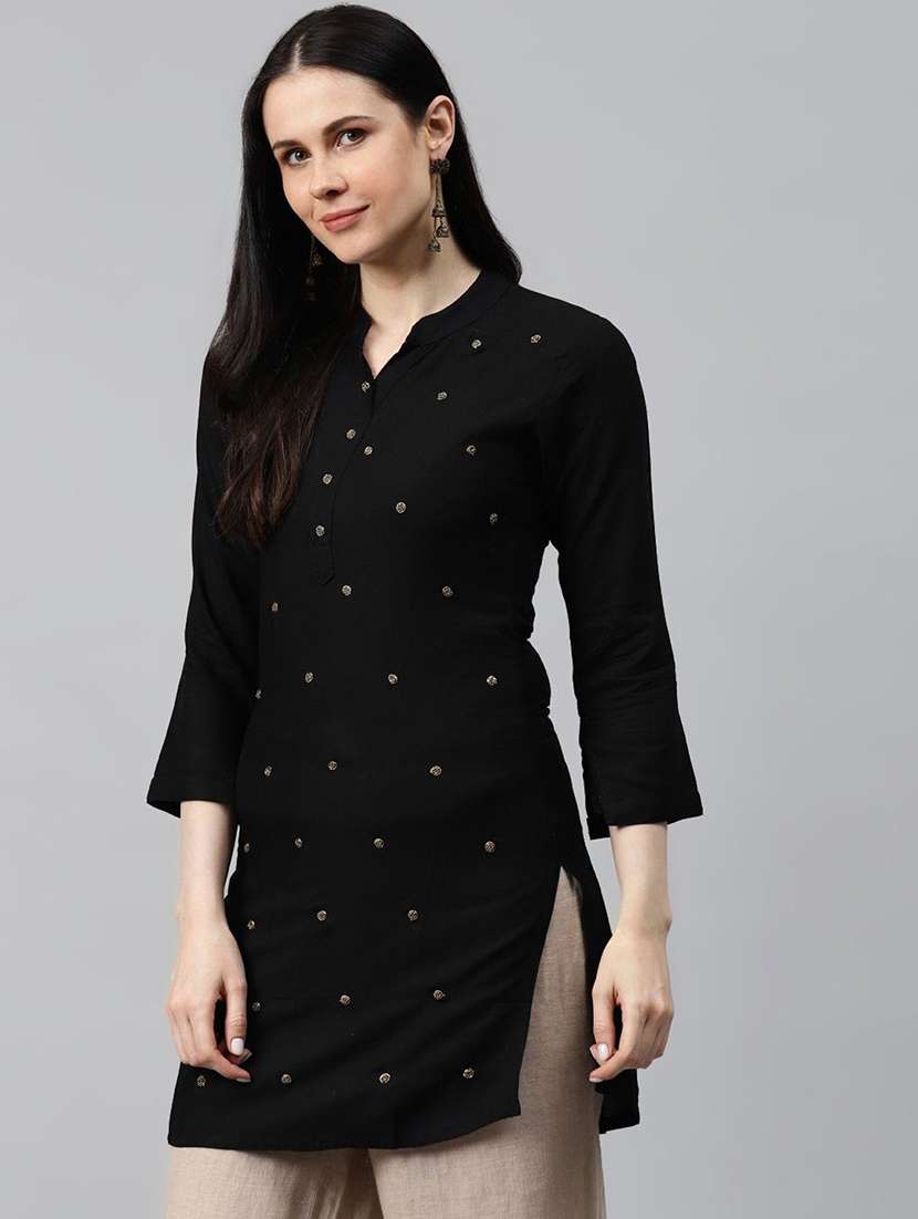 women solid with work three quarter sleeve straight kurti - 22310904 -  Standard Image - 1