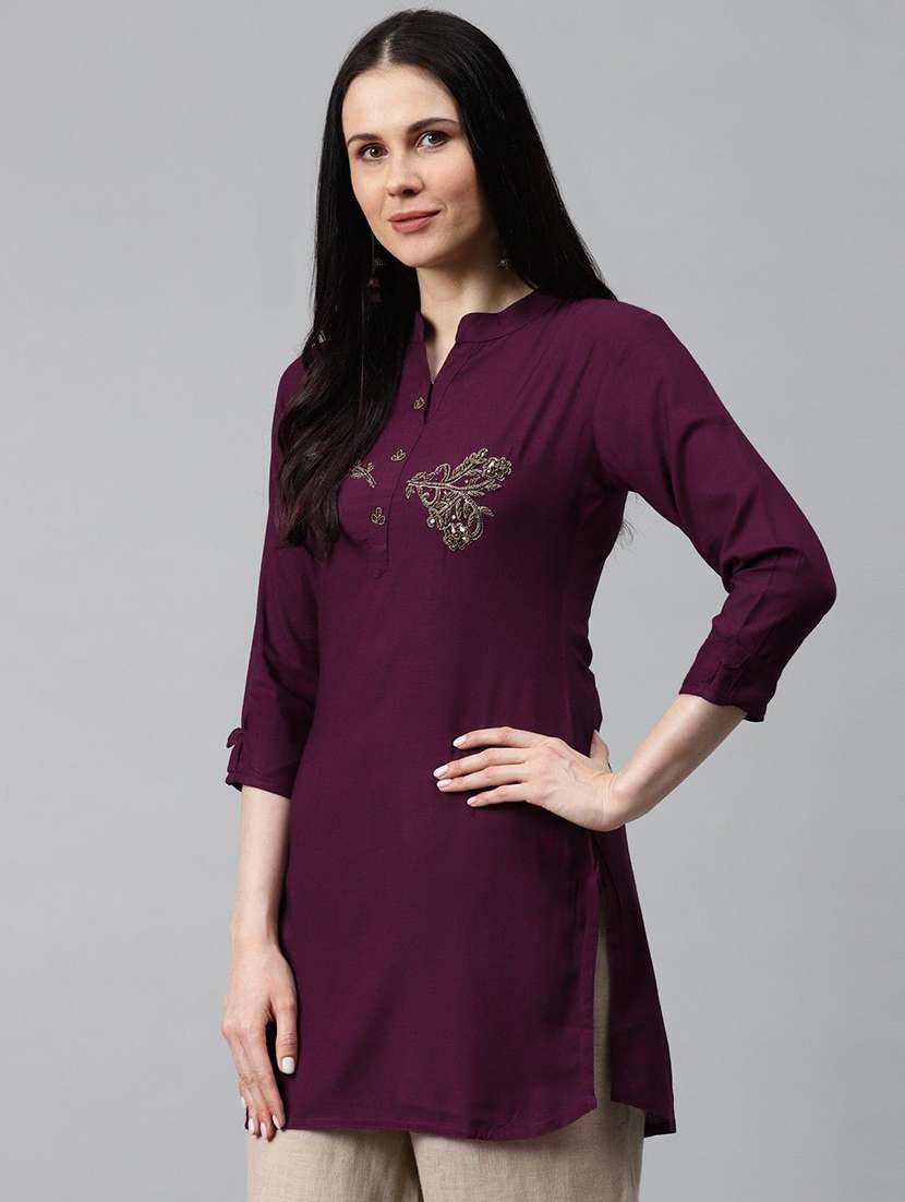 women solid with work three quarter sleeve straight kurti - 22310905 -  Standard Image - 1