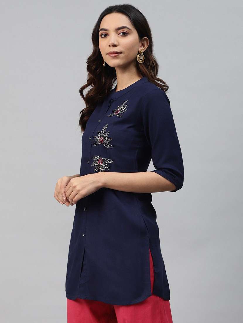 women solid with work three quarter sleeve straight kurti - 22310906 -  Standard Image - 1