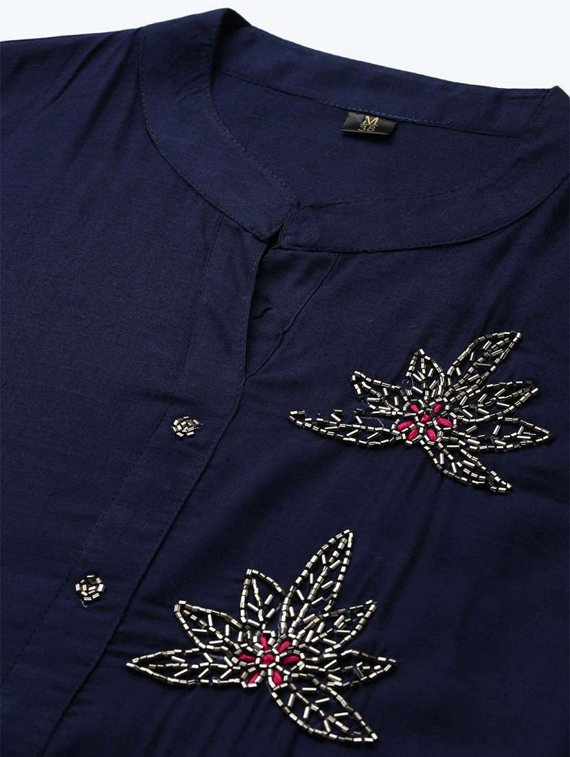 women solid with work three quarter sleeve straight kurti - 22310906 -  Standard Image - 4